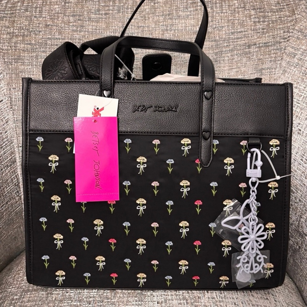 Betsey Johnson Flowers and Bows Black Crossbody Tote Bag